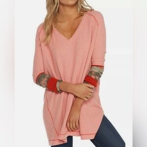 NWOT Free People Lovin' Leopard Thermal Long Sleeve in Pink with Camo Cuffs